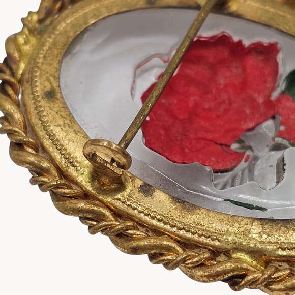 Vintage Gold-Toned Frame Clear Glass Red Handpainted Rose Brooch Fashion Jewelry - Picture 12 of 16